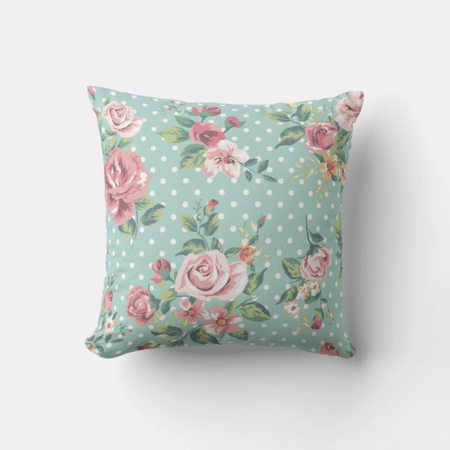 Coussin Polka rose blanche turquoise florale chic minable (Recto)