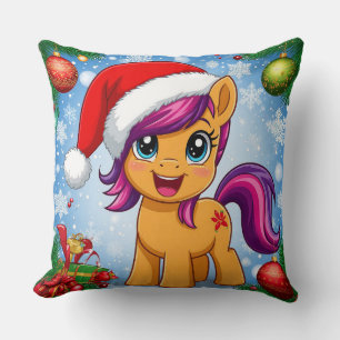 Coussin Poney de dessin animé festif portant un chapeau de