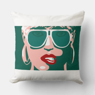 Coussin Pop Art Jolie Femme Lunettes de soleil Rouge Lipst