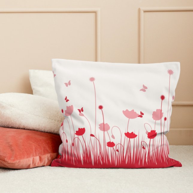 Coussin Poppies minimalistes rouges et blanches Pré floral (Créateur téléchargé)