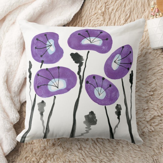 Coussin Poppies pourpres Boho Moderne Aquarelle Fleurs (Couverture)