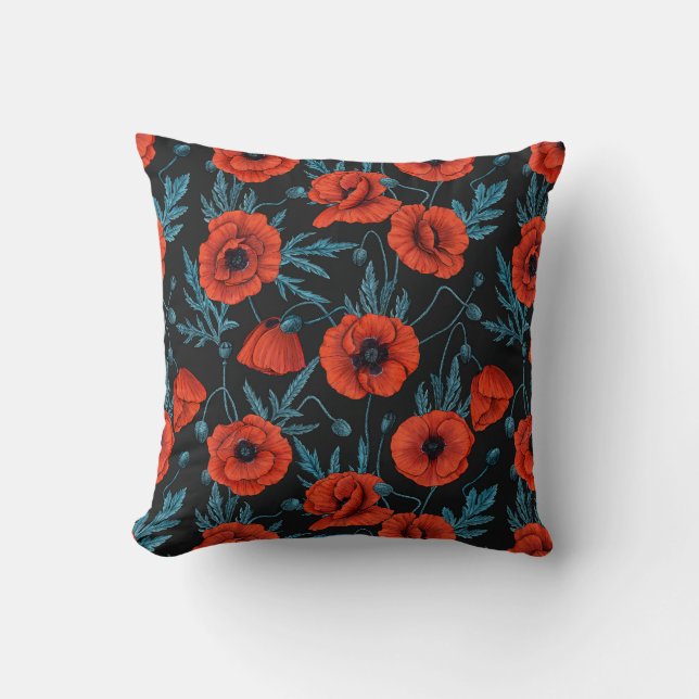 Coussin Poppies, rouge et bleu sur noir (Recto)