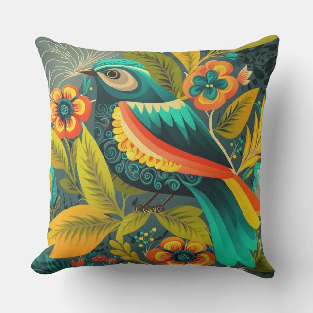 Coussin Porche et patio d'oiseaux de verdure tropicale (Recto)