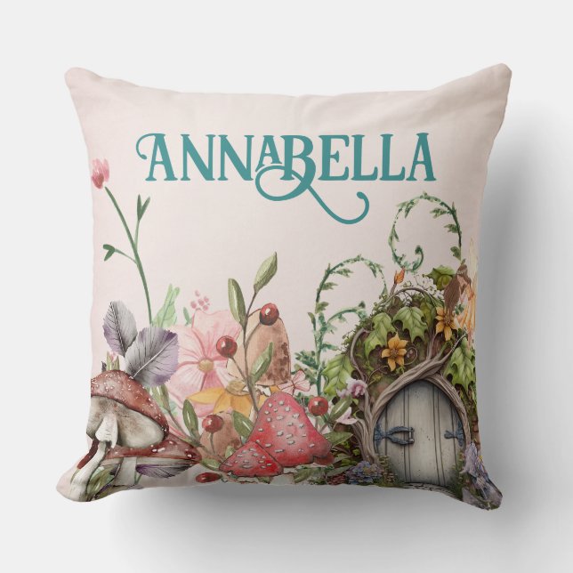 Coussin Porte de jardin arboré de forêt enchantée sur rose (Recto)