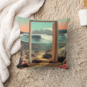 Coussin Porte surréaliste s'ouvrant sur l'océan avec récif