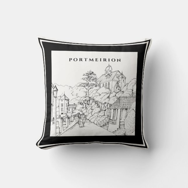 Coussin Portmeirion Nord de Galles Stylo Encre croquis noi (Recto)