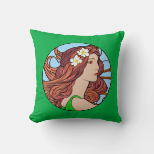 Coussin Portrait Art Nouveau d'une femme aux cheveux rouge