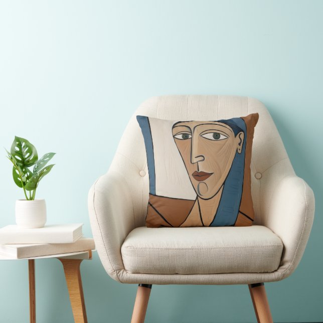Coussin Portrait Cubiste Moderne - Femme Élégante  (Chaise)