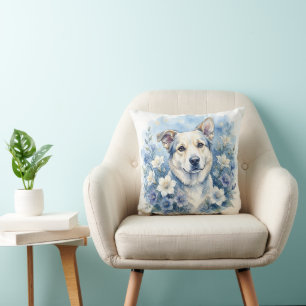 Coussin Portrait de chien floral botanique à l'aquarelle