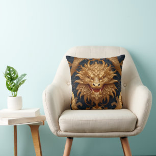 Coussin Portrait de dragon d'or sur Deep Blue