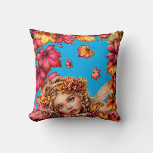 Coussin Portrait de fée d'automne avec cadre de feuilles d
