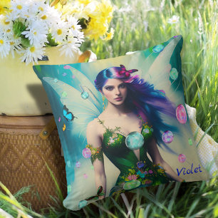 Coussin Portrait de fée de cheveux bleu féminin en robe ve