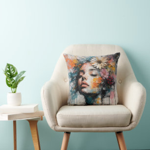 Coussin Portrait de femme floral abstrait de luxe sur toil