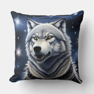 Coussin Portrait de loup aux yeux dorés intenses