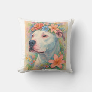 Coussin Portrait de Pit Bull Floral Coloré sur Impression