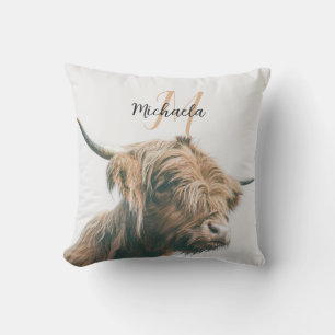 Coussin Portrait de vache Highland nom personnalisé monogr