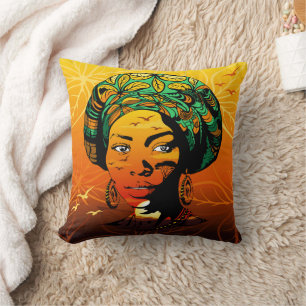 Coussin Portrait féminin africain avec coucher de soleil