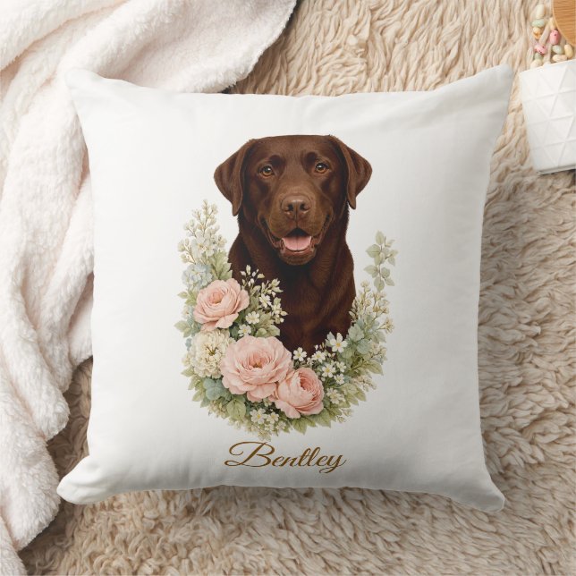 Coussin Portrait floral de Labrador chocolat (Couverture)