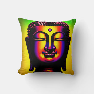 Coussin Portrait spirituel zen de Bouddha néon vibrant