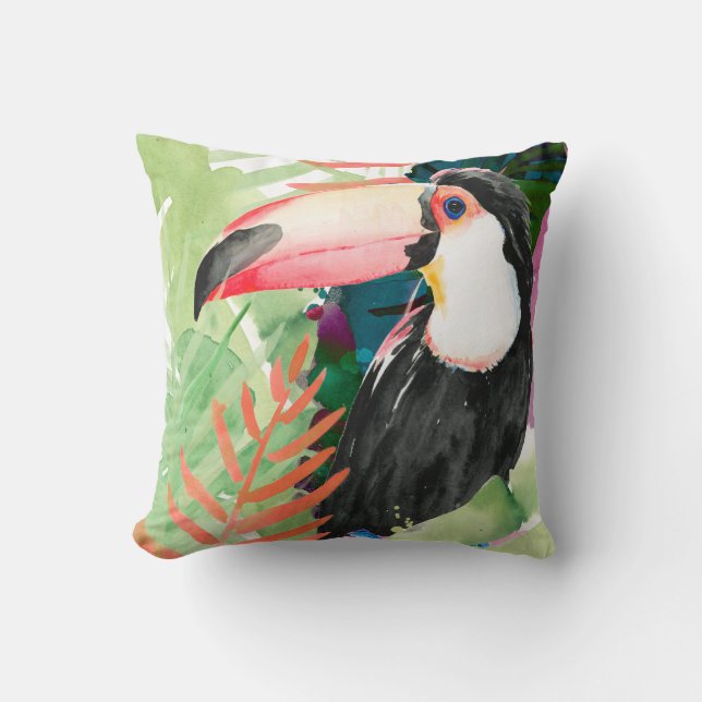 Coussin Portrait toucan avec Feuilles tropicaux (Recto)