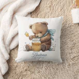 Coussin Pot à miel personnalisé à l'aquarelle avec un ours