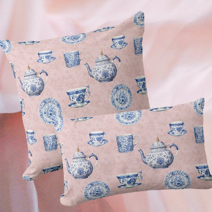 Coussin Pots de Chinoiserie Bleu Blanc Vintage Rose Pâli