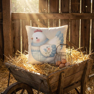 Coussin Poule de Cottage en Gingham Bleu