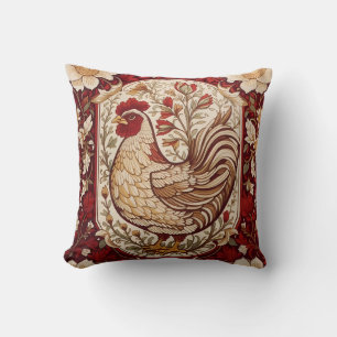 Coussin Poule Vintage Rouge et Crème Floral