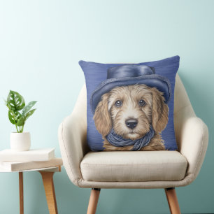 COUSSIN POULET ADORABLE DOODLE EN OR AVEC CASQUETTE BLEU