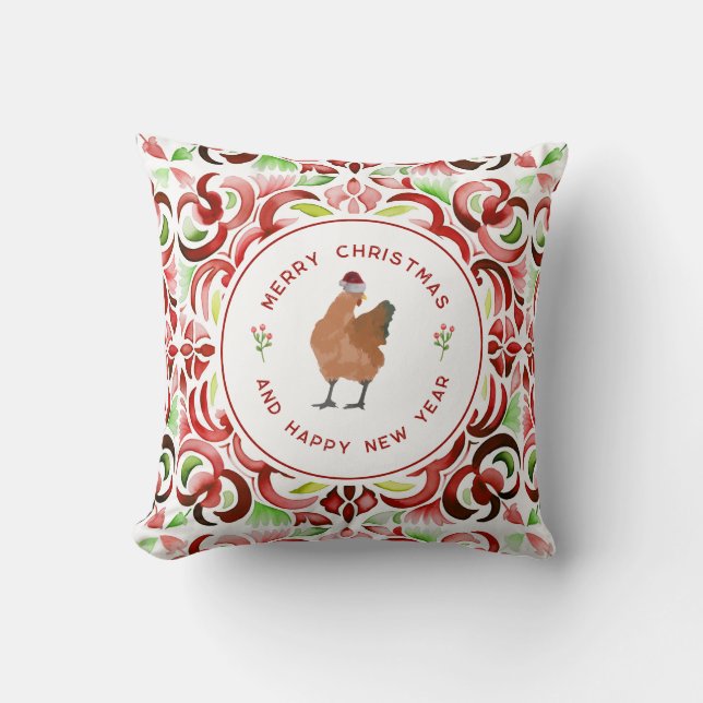 Coussin Poulet Noël Rouge & Vert Aquarelle (Recto)