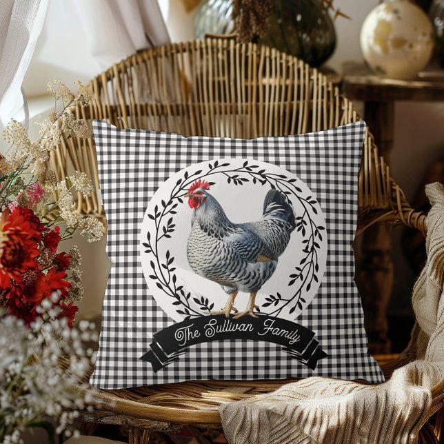 Coussin Poulet rougeâtre de la campagne Poulet En vichy ch (Rustic Country Rooster Chicken Black and White Gingham Checks Farm Family Name Throw Pillow)