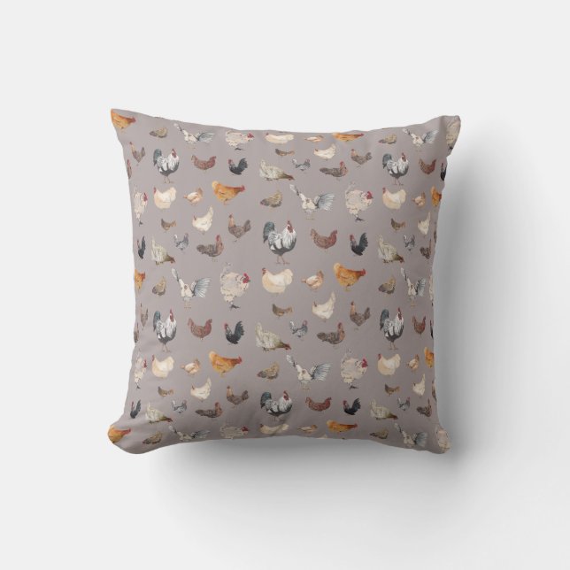 Coussin Poulets d'aquarelle sur gris chaud (Recto)