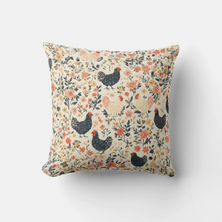 Coussin Poulets de ferme, poules \ Fleurs Cottage