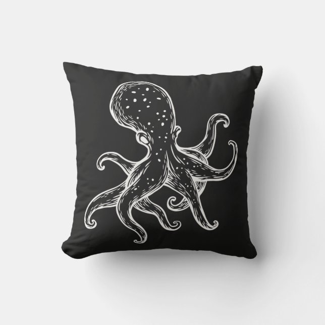 Coussin Poulpe blanc sur nautique noir (Recto)