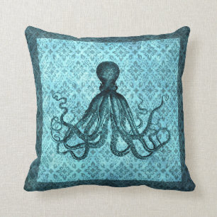 Coussin Poulpe dans Teal sur la damassé