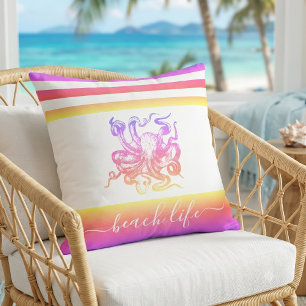 Coussin Poulpe ombré rose jaune écriture moderne de la vie