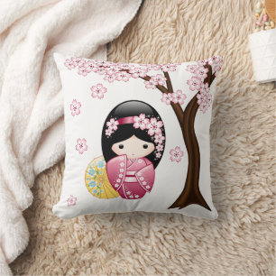 Coussin Poupée Kokeshi de printemps - Jolie fille geisha j