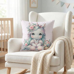 Coussin Poupée Licorne Pastel Kawaii avec Panier de Fleurs