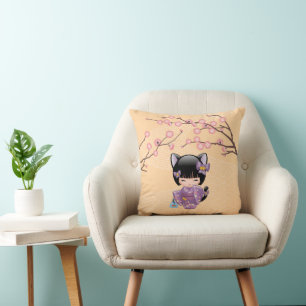 Coussin Poupée Neko Kokeshi - Fille Geisha aux Oreilles de