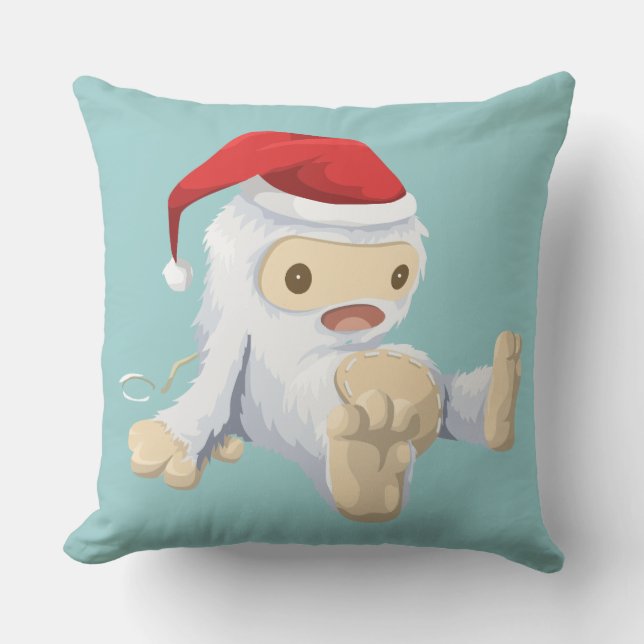 Coussin Poupée Yeti de Noël portant un chapeau de Père Noë (Recto)