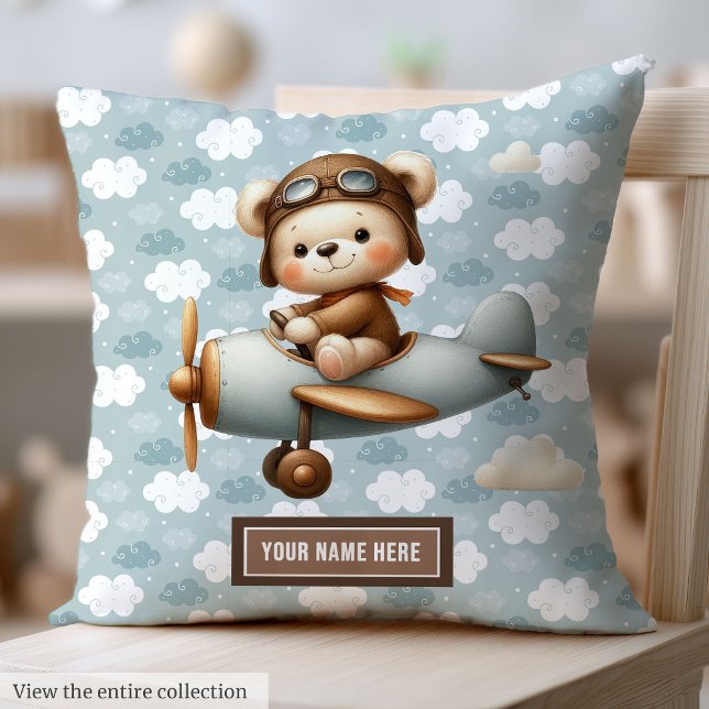 Coussin pour bébés pour les garçons (Personalized Teddy Bear Pilot Baby Pillow for Boys Gift)