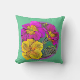 Coussin Poussard Primula vert, jaune et rose