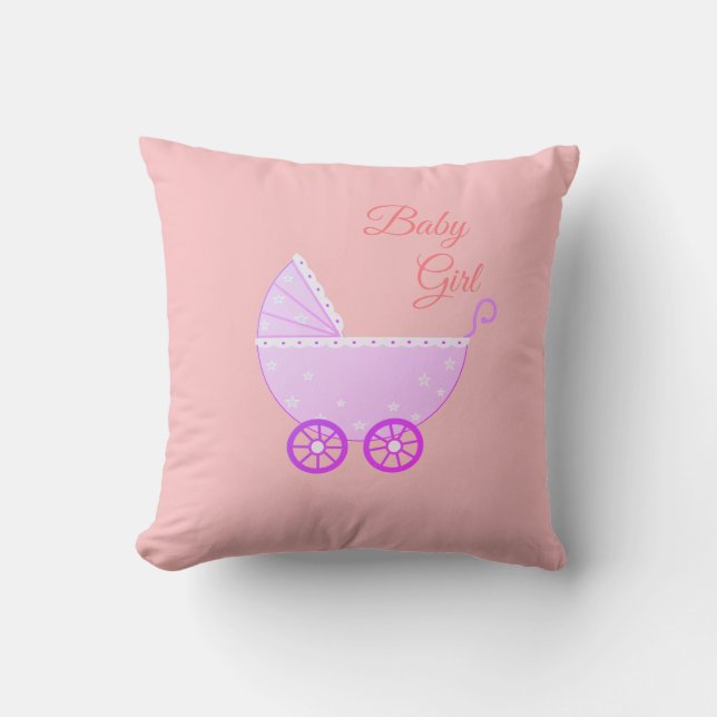 Coussin Poussette de bébé fille sur fond rose (Recto)
