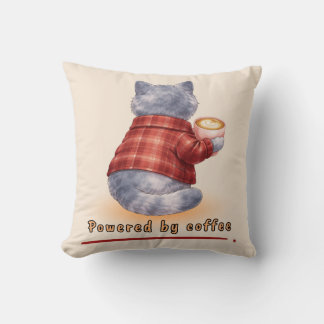 Coussin "Powered by Coffee" Cat Holding A Cup of Coffee