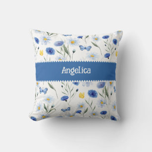 Coussin Prairie de Fleurs Sauvages Aquarelle Bleue Nom