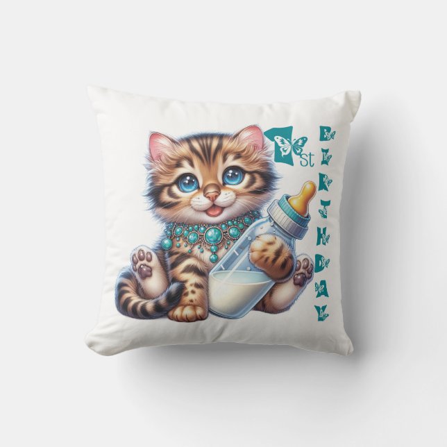 Coussin Premier anniversaire de bébé. (Recto)