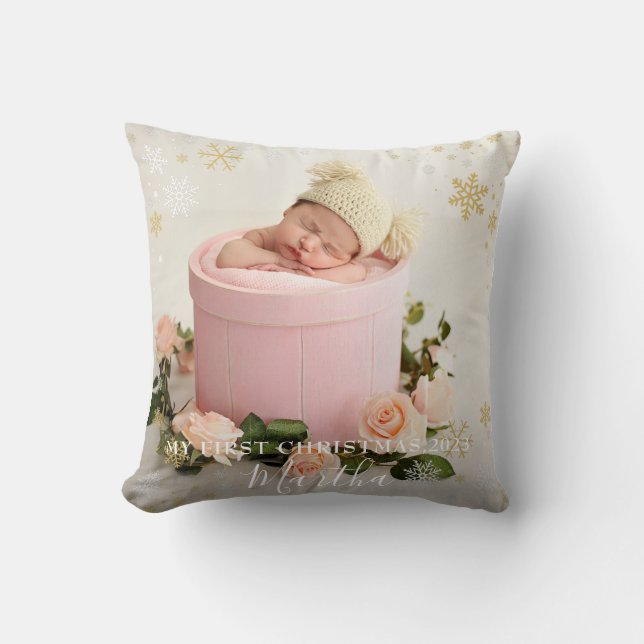 Coussin Premier Noël Baby Girl Snowflake Cadre photo (Recto)