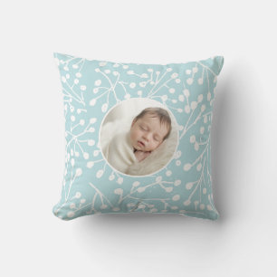 Coussin Premier Noël de bébé Hiver Botanique Minimal Bleu