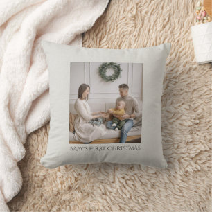 Coussin Premier Noël de bébé Photo de famille sur faux lin
