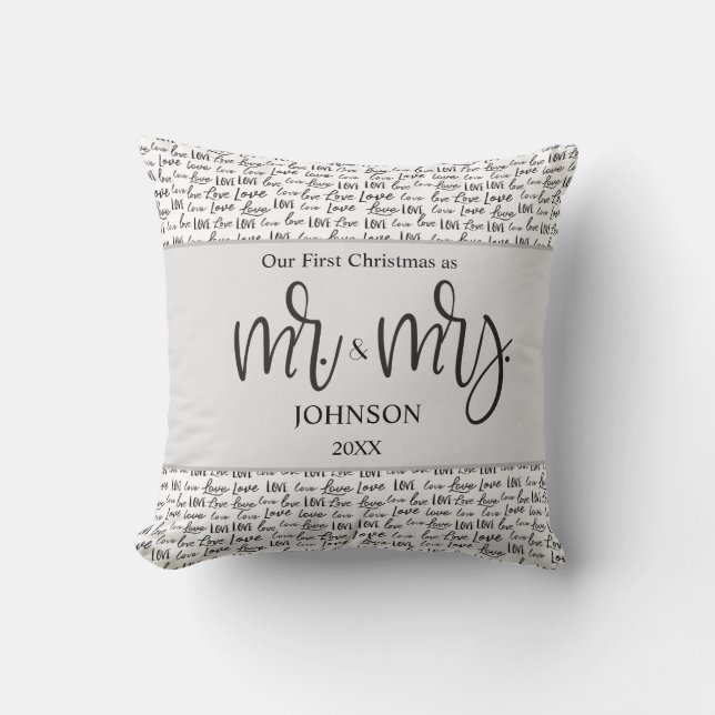 Coussin Premier Noël moderne Amour marié cadeau mariage (Recto)